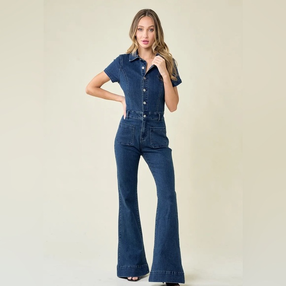 Pants & Jumpsuits | Nwt Dark Denim Flared Jumpsuit Western Cowgirl ...